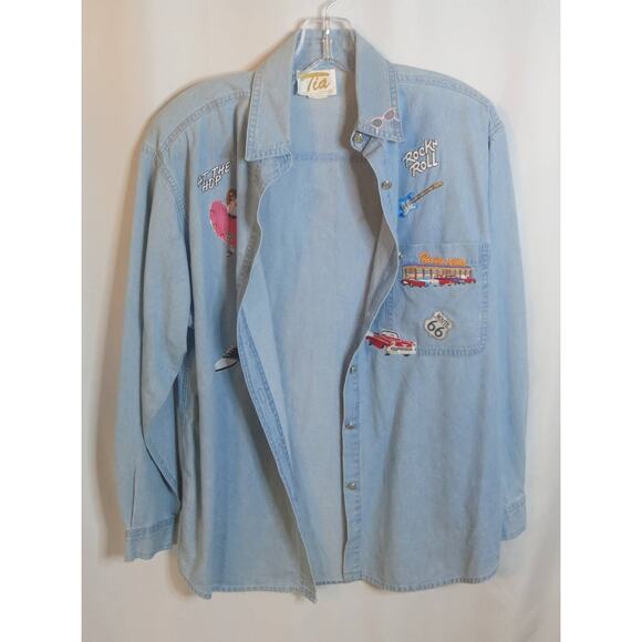 VINTAGE TIA DESIGNS Denim Jean Shirt 1950's Theme Size S Women's Rock n Roll - Picture 3 of 11